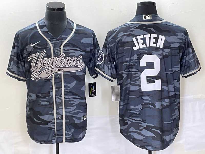 Mens New York Yankees #2 Derek Jeter Grey Camo Cool Base With Patch Stitched Baseball Jersey